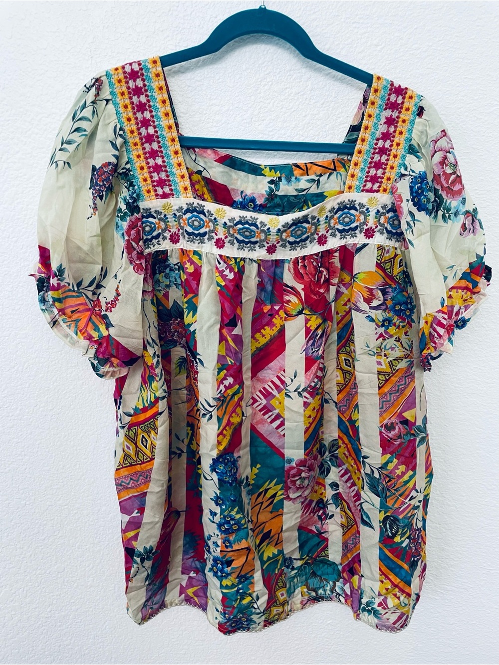 Johnny Was Multicolor Floral Patchwork Peasant Top